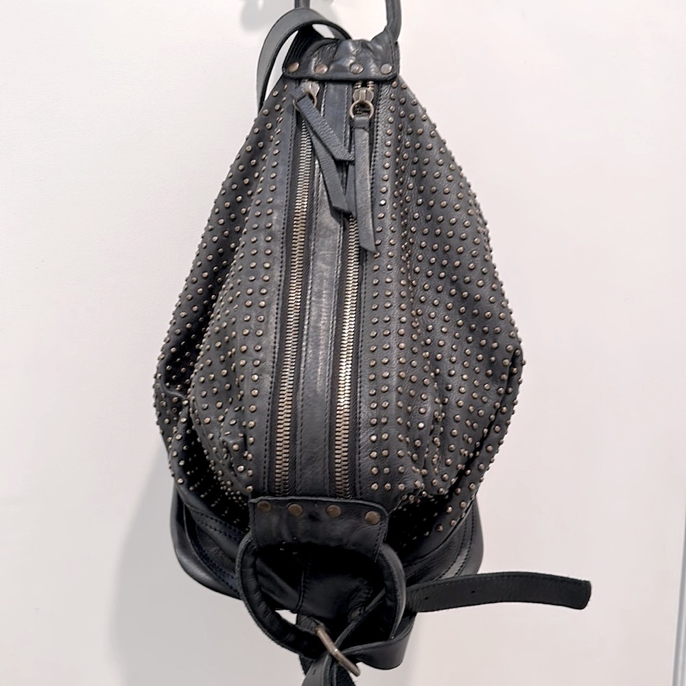 Studded Black Leather Backpack with Gold-Tone Accents - Picture 7 of 12
